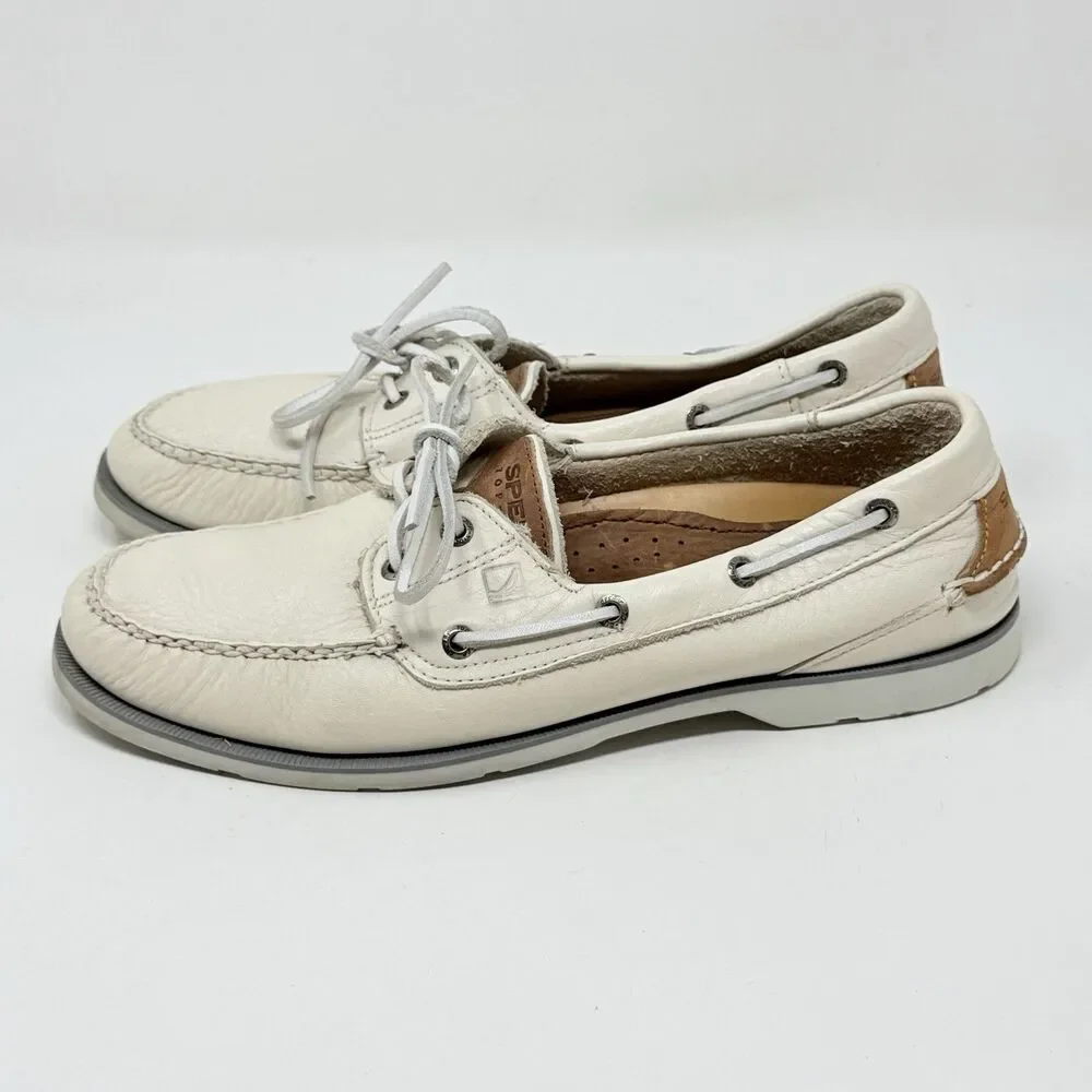 Sperry Top Sider Boat Shoes Mens 11 M Ivory White Leather 2 Eye Casual Moccasin